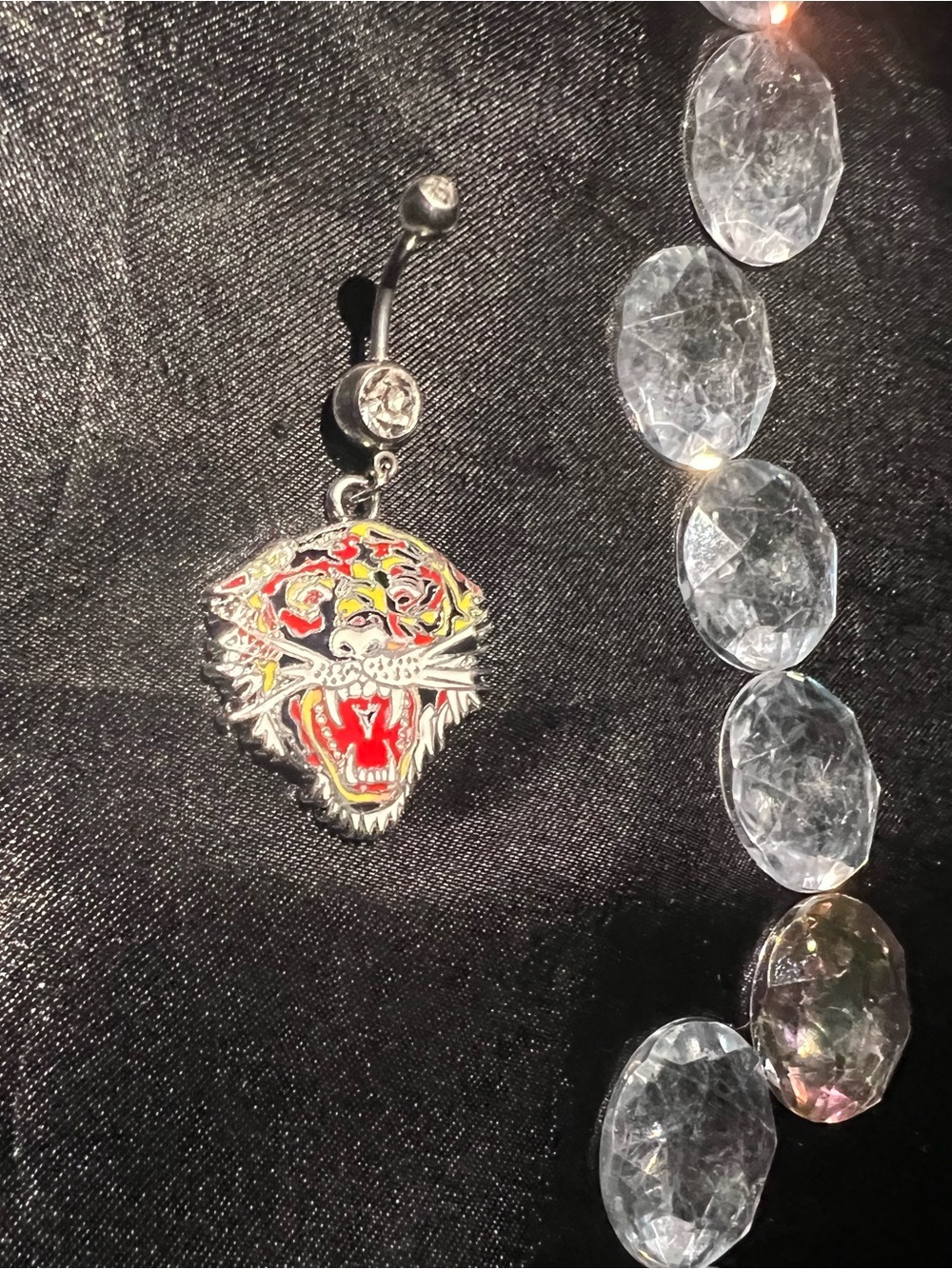 1 Piece Silver-tone Tiger Dangle Belly Ring with Red and Yellow Enamel